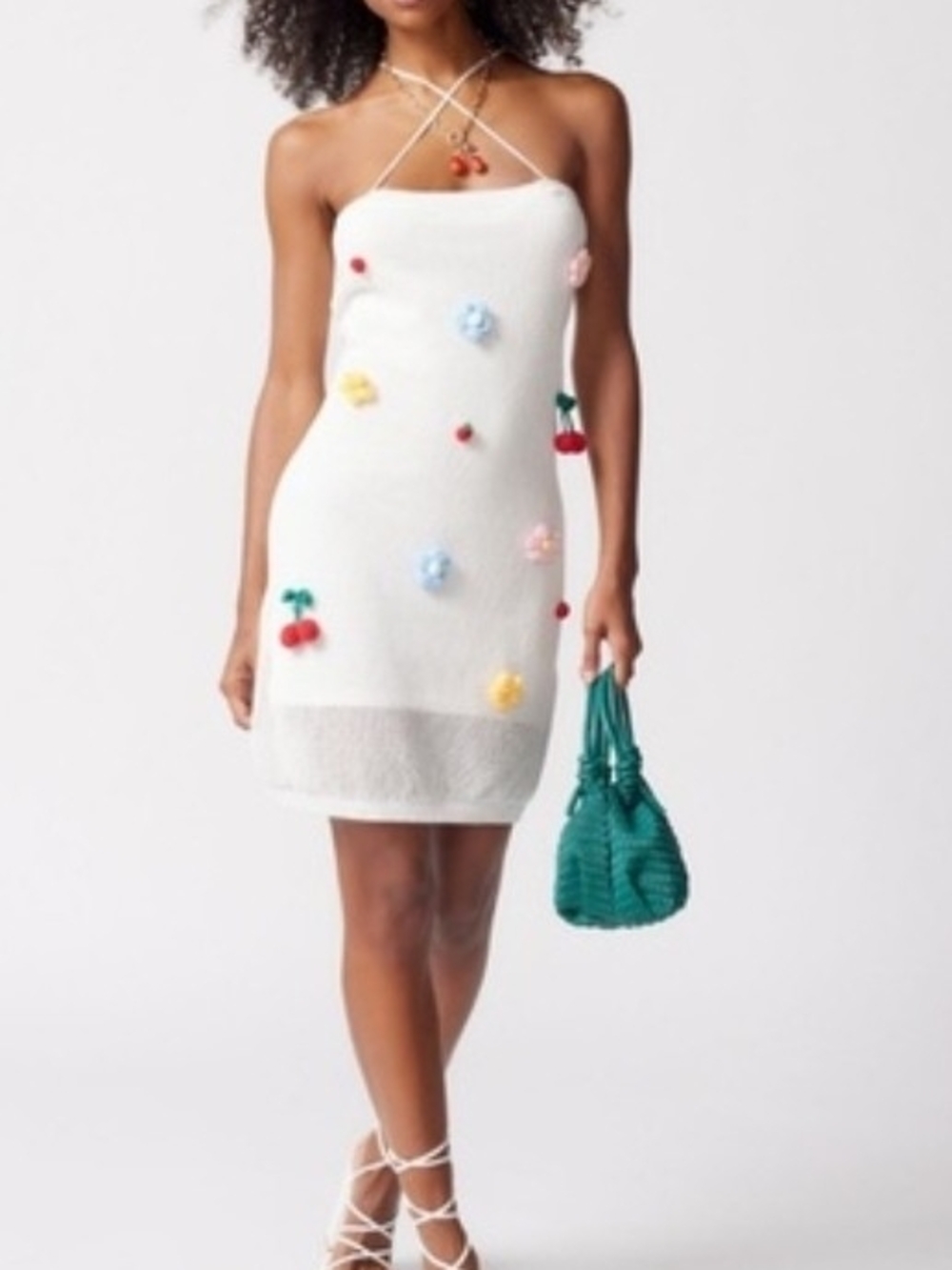 White Knit Mini Dress with Colorful Pom Flower & Cherry Appliqués.M - Picture 2 of 7